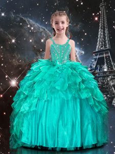 Floor Length Aqua Blue Kids Pageant Dress Spaghetti Straps Sleeveless Lace Up