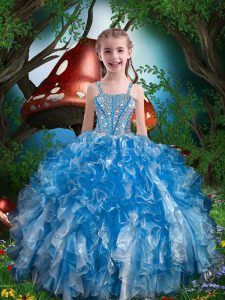 Blue Lace Up Little Girls Pageant Dress Beading and Ruffles Sleeveless Floor Length