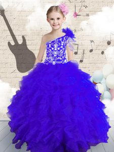 Navy Blue Kids Pageant Dress Party and Wedding Party with Embroidery and Ruffles and Hand Made Flower One Shoulder Sleeveless Lace Up