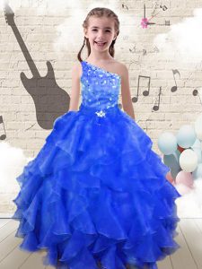 One Shoulder Sleeveless Lace Up Pageant Gowns For Girls Royal Blue Organza