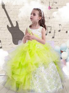 Inexpensive Yellow Green Ball Gowns Organza Scoop Sleeveless Beading and Ruffles Floor Length Lace Up Little Girls Pageant Gowns