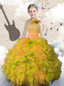 Admirable Ball Gowns Girls Pageant Dresses Orange Strapless Organza Sleeveless Floor Length Lace Up