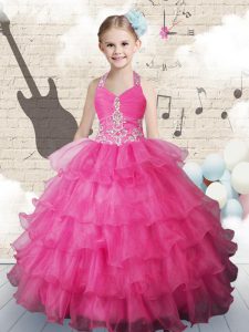 Popular Halter Top Sleeveless Beading and Ruffled Layers Lace Up Kids Pageant Dress
