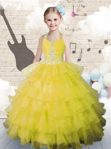 Halter Top Floor Length Lace Up Kids Pageant Dress Yellow Green for Party and Wedding Party with Beading and Ruffled Layers