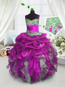 On Sale Fuchsia Sleeveless Beading and Ruffles and Pick Ups Floor Length Little Girls Pageant Dress Wholesale