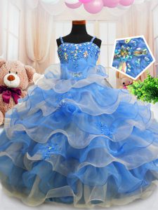 Blue Organza Zipper Spaghetti Straps Sleeveless Floor Length Girls Pageant Dresses Beading and Ruffled Layers