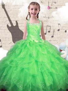 Halter Top Beading and Ruffles Child Pageant Dress Green Lace Up Sleeveless Floor Length