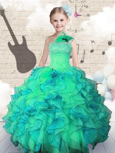 One Shoulder Turquoise Sleeveless Organza Lace Up Little Girl Pageant Dress for Party and Wedding Party