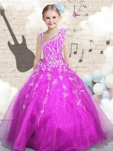 Fuchsia Sleeveless Beading and Appliques and Hand Made Flower Floor Length Little Girls Pageant Gowns