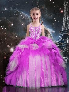 One Shoulder Floor Length Lace Up Little Girls Pageant Dress Fuchsia for Party and Wedding Party with Beading and Ruffled Layers
