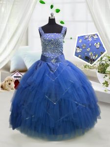 Hot Sale Royal Blue Tulle Lace Up Straps Sleeveless Floor Length Kids Formal Wear Beading and Ruffles