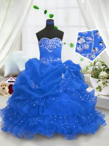 Affordable Blue Sleeveless Beading and Ruffled Layers and Pick Ups Floor Length Pageant Gowns For Girls