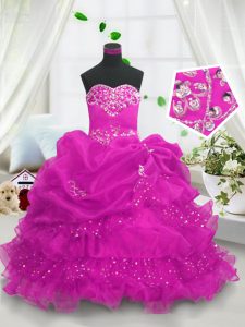 Fuchsia Sleeveless Floor Length Beading and Ruffled Layers and Pick Ups Lace Up Little Girls Pageant Gowns