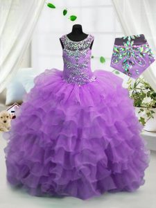 Lavender Lace Up Scoop Beading and Ruffled Layers Pageant Gowns For Girls Organza Sleeveless