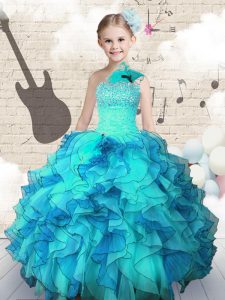 On Sale One Shoulder Aqua Blue Organza Lace Up Girls Pageant Dresses Sleeveless Floor Length Beading and Ruffles