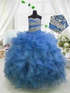 Sweetheart Sleeveless Little Girls Pageant Dress Wholesale Floor Length Beading and Ruffles Blue Organza