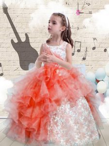 Beautiful Scoop Watermelon Red Sleeveless Floor Length Beading and Ruffles Lace Up Little Girl Pageant Gowns