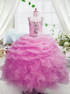 Eye-catching Pick Ups Pink Sleeveless Organza Zipper Kids Pageant Dress for Party and Wedding Party