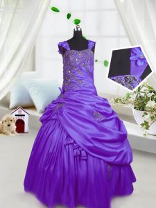 Affordable Purple Lace Up Straps Beading and Pick Ups Little Girls Pageant Dress Satin Sleeveless