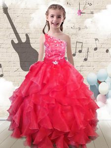 One Shoulder Red Ball Gowns Beading and Ruffles Little Girl Pageant Dress Lace Up Organza Sleeveless Floor Length