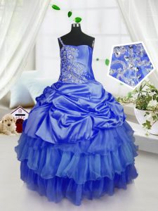 Royal Blue Ball Gowns Beading and Ruffled Layers and Pick Ups Kids Formal Wear Lace Up Organza Sleeveless Floor Length
