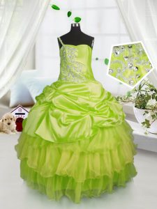 One Shoulder Satin and Tulle Sleeveless Floor Length Little Girls Pageant Dress Wholesale and Beading and Ruffled Layers and Pick Ups