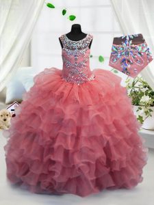 Scoop Sleeveless Little Girls Pageant Dress Floor Length Beading and Ruffled Layers Coral Red Organza