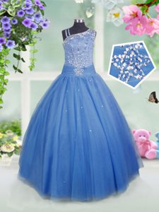 Floor Length Baby Blue Kids Pageant Dress Asymmetric Sleeveless Side Zipper