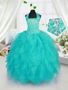 Aqua Blue Girls Pageant Dresses Military Ball and Sweet 16 and Quinceanera with Beading Halter Top Sleeveless Lace Up