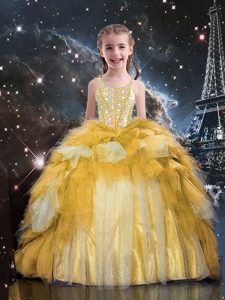On Sale Beading and Ruffled Layers Little Girls Pageant Gowns Gold Lace Up Sleeveless Floor Length