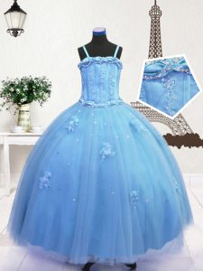 Baby Blue Little Girls Pageant Dress Party and Wedding Party with Beading and Appliques Spaghetti Straps Sleeveless Zipper