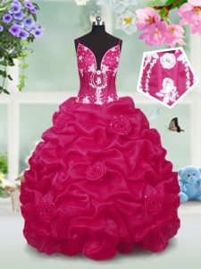 Pick Ups Floor Length Ball Gowns Sleeveless Red Kids Formal Wear Lace Up