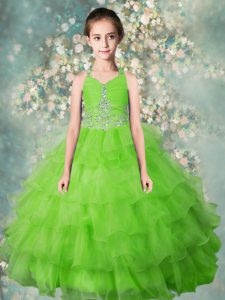 Halter Top Apple Green Zipper Little Girls Pageant Dress Beading and Ruffled Layers Sleeveless Floor Length