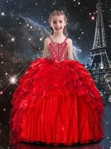 Red Sleeveless Organza Lace Up Little Girl Pageant Gowns for Party and Wedding Party