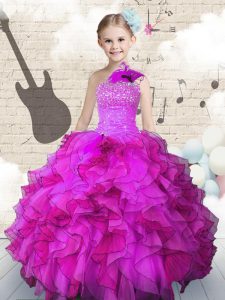 Fashionable One Shoulder Sleeveless Lace Up Little Girls Pageant Gowns Fuchsia Organza