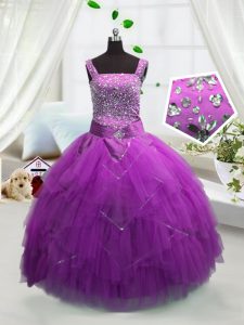 Classical Fuchsia Straps Neckline Beading and Ruffles Child Pageant Dress Sleeveless Lace Up