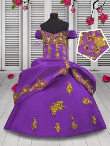 Lilac Sleeveless Floor Length Beading and Appliques Lace Up Little Girls Pageant Dress Wholesale