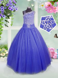 Floor Length Ball Gowns Sleeveless Blue Pageant Gowns For Girls Side Zipper