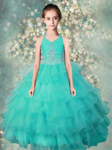 Turquoise Ball Gowns Halter Top Sleeveless Organza Floor Length Zipper Beading and Ruffled Layers Child Pageant Dress