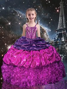 Stylish Purple Ball Gowns Beading and Ruffles and Pick Ups Little Girls Pageant Dress Wholesale Lace Up Organza Sleeveless Floor Length