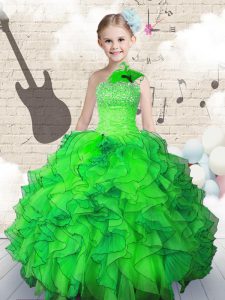 Luxurious Sleeveless Organza Floor Length Lace Up Pageant Gowns For Girls in Green with Beading and Ruffles