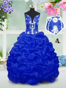 Affordable Royal Blue Ball Gowns Taffeta V-neck Sleeveless Beading and Pick Ups Floor Length Lace Up Little Girl Pageant Dress