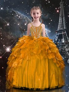 Orange Ball Gowns Organza Spaghetti Straps Sleeveless Beading and Ruffles Floor Length Lace Up Kids Formal Wear