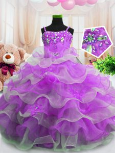 Purple Pageant Gowns For Girls Party and Wedding Party with Beading and Ruffled Layers Spaghetti Straps Sleeveless Zipper
