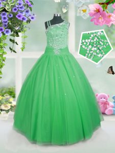 Most Popular Floor Length Green Little Girls Pageant Dress Tulle Sleeveless Beading