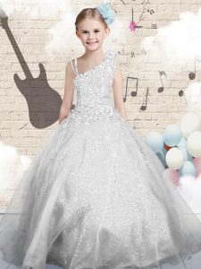 Silver Ball Gowns Beading and Appliques and Hand Made Flower Girls Pageant Dresses Lace Up Organza Sleeveless Floor Length