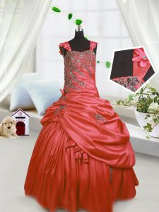 Pick Ups Floor Length Watermelon Red Little Girls Pageant Dress Straps Sleeveless Lace Up