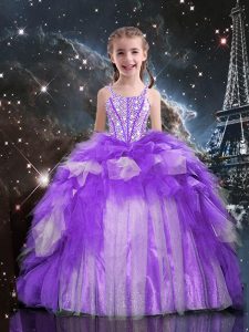 Trendy Purple Pageant Gowns For Girls Party and Wedding Party with Beading and Ruffles Spaghetti Straps Sleeveless Lace Up