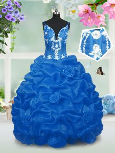 Aqua Blue Ball Gowns Taffeta V-neck Sleeveless Beading and Pick Ups Floor Length Lace Up Child Pageant Dress