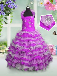 Simple Ruffled Floor Length Ball Gowns Sleeveless Fuchsia Kids Pageant Dress Lace Up